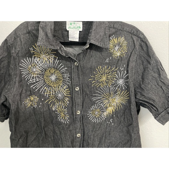 The Quacker Factory‎ Shirt Women's Large L Gray Button Down Firework Embroidered - Picture 5 of 7
